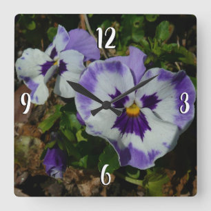 Purple and White Pansies Colorful Floral Square Wall Clock