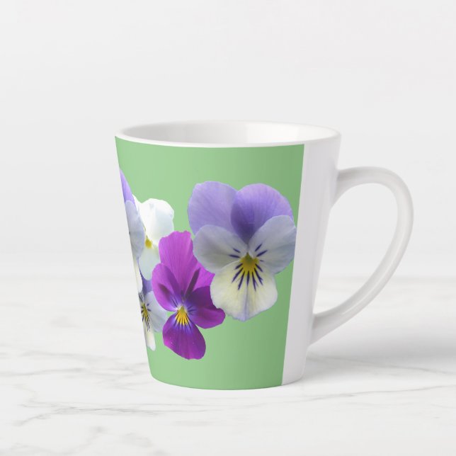 Purple and White Pansies Light Green Latte Mug (Right)