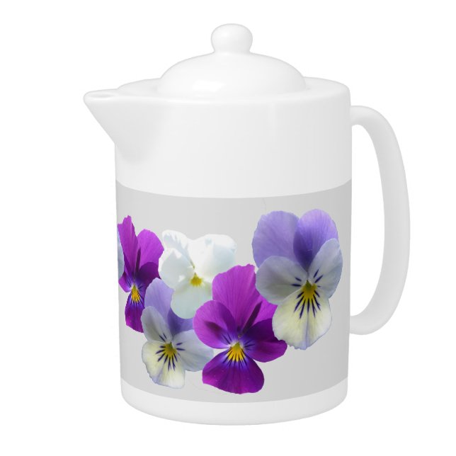 Purple and White Pansies Light Grey Teapot (Right)