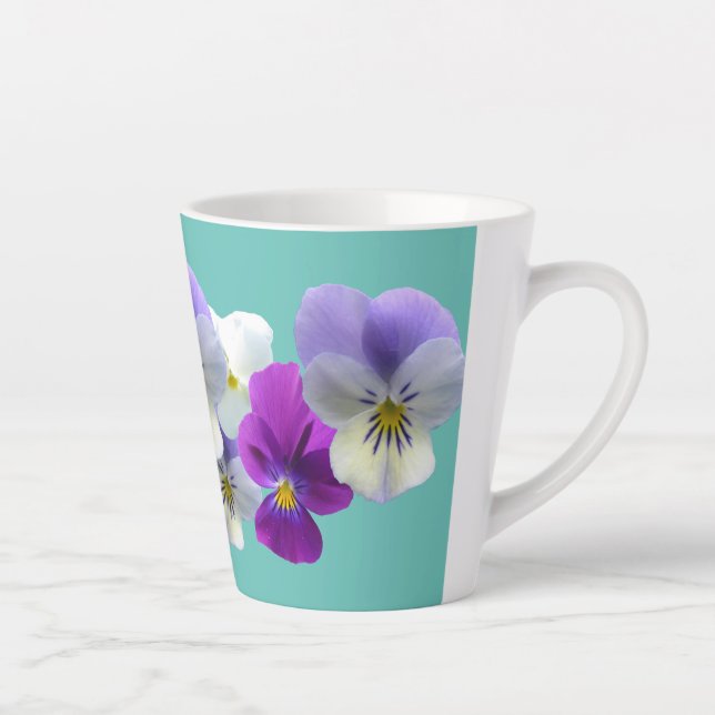 Purple and White Pansies Light Teal Latte Mug (Right)