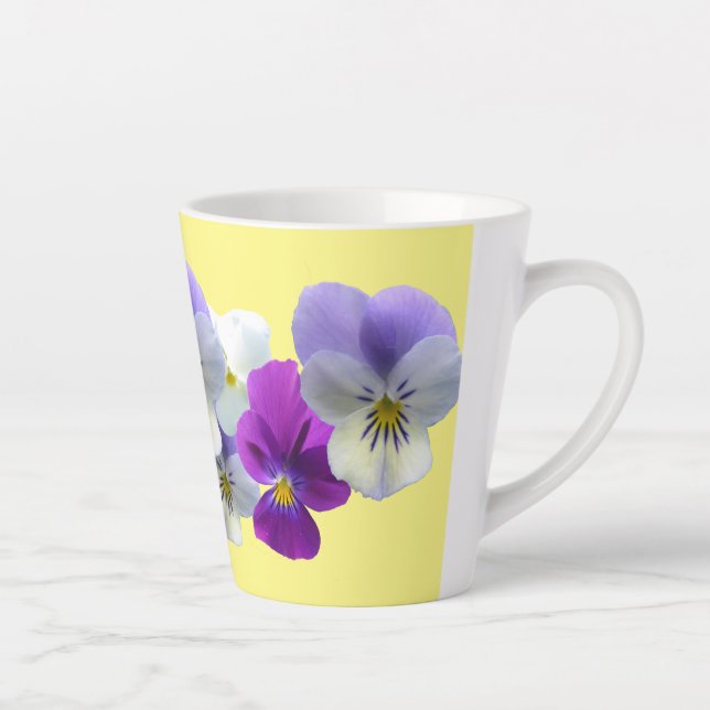 Purple and White Pansies Yellow Latte Mug (Right)