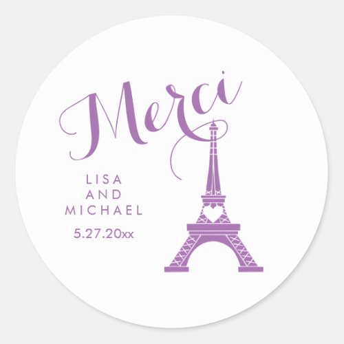 Purple and White Paris Eiffel Tower Wedding Merci Classic Round Sticker