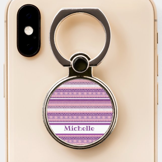 Purple and White Patterned Stripes - Personalized Phone Ring Stand (Close Up)
