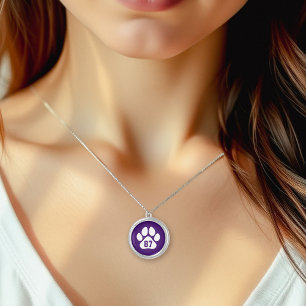 Purple and White Paw Print Custom Jersey Number Silver Plated Necklace