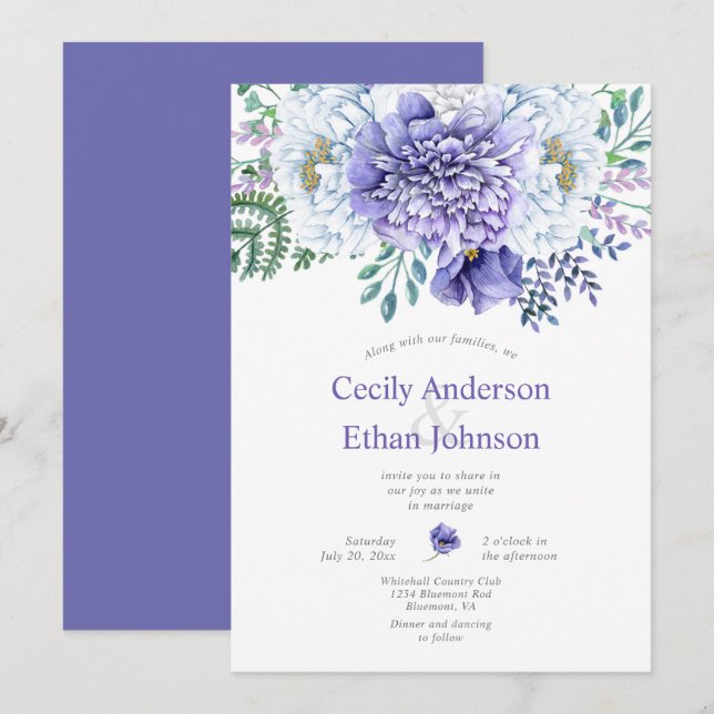Purple and White Peonies Floral Wedding Invitation (Front/Back)