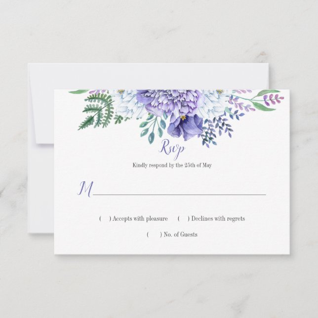 Purple and White Peonies Poppies Greenery RSVP Card (Front)