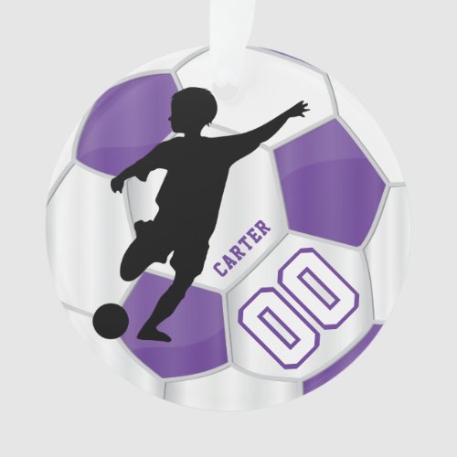 Purple and White Personalize Boy Soccer Player Ornament