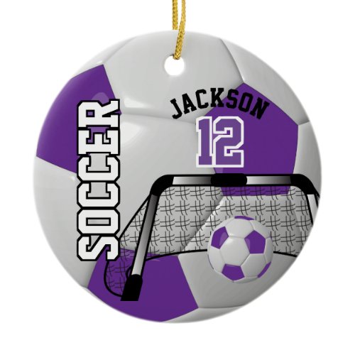 ⚽ Purple and White Personalize Soccer Ball Ceramic Ornament