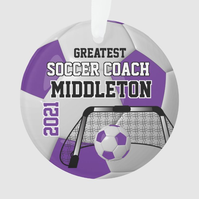 Purple and White Personalize Soccer Ball Ornament (Front)