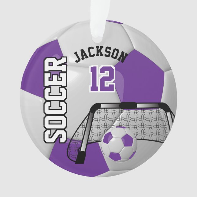 Purple and White Personalize Soccer Ball Ornament (Front)