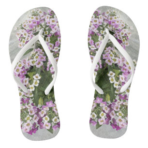 Purple and white petunias flip flops