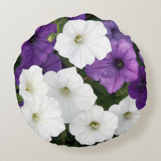 Purple and white petunias round pillow