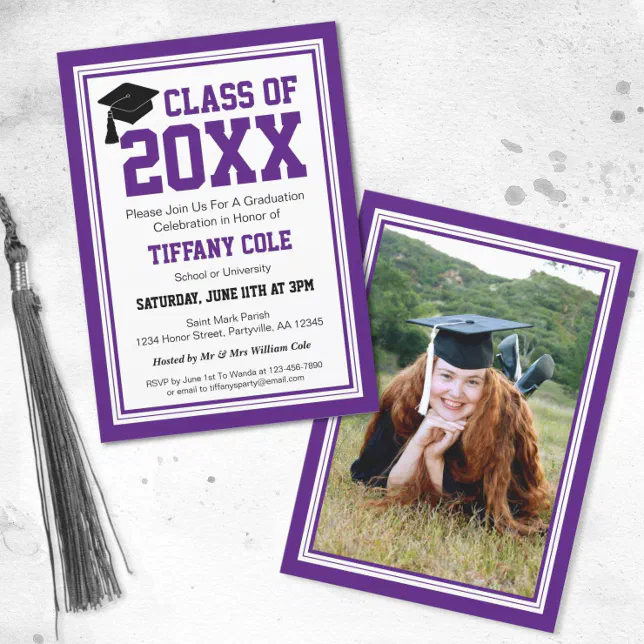 Purple and White Photo Graduation Party Invitation | Zazzle