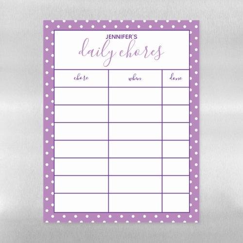 Purple and White Polka Dot Daily Chores List Magnetic Dry Erase Sheet