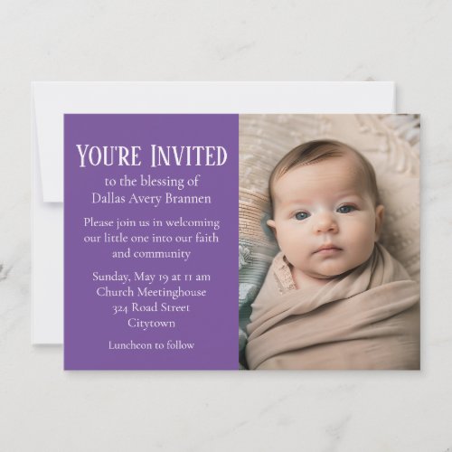 Purple and White Polka_dot Photo Baby Blessing Inv Invitation