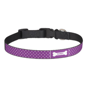 Purple And White Polka Dots Pattern Dog Bone Name Pet Collar