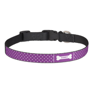 Purple And White Polka Dots Pattern Dog Bone Name Pet Collar