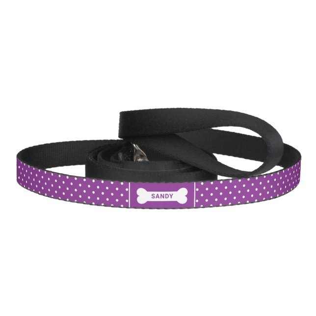 Purple And White Polka Dots With Bone & Name Pet Leash (Handle)