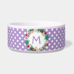 Purple and White Polka Dots with Monogram Pet Bowl<br><div class="desc">White ceramic dog food / water bowl done in purple with white polka dots.  A pretty round floral wreath has a blue one letter monogram ready to personalize,  for your pet or as a great gift idea for any pet owner.</div>