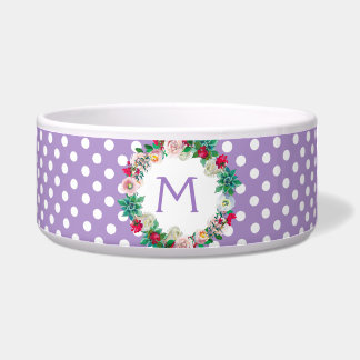 Purple and White Polka Dots with Monogram Pet Bowl