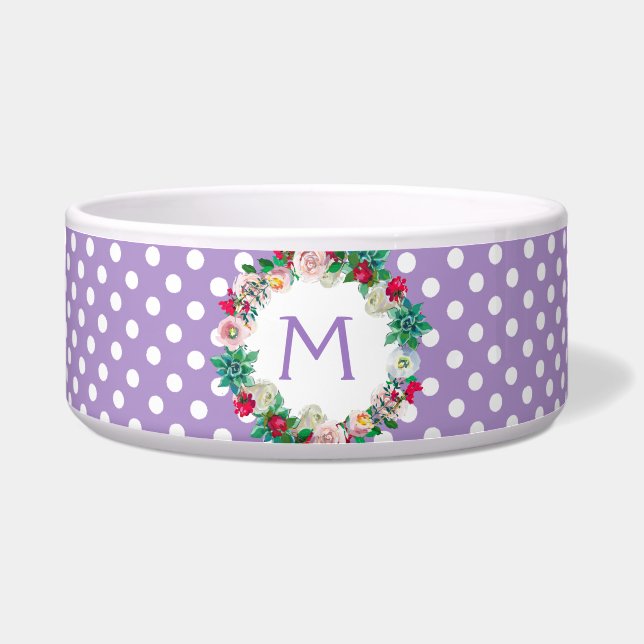 Purple and White Polka Dots with Monogram Pet Bowl (Front)