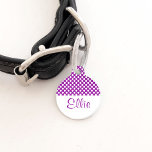 Purple And White Polka Dots With Name And Number Pet Name Tag<br><div class="desc">White polka dots pattern on a purple background color. There are also personalizable text areas for the name of the pet and for a phone number.</div>
