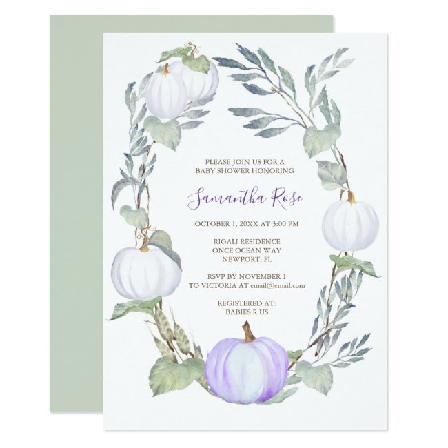 Purple and WHITE PUMPKIN Greenery BABY Shower Invitation