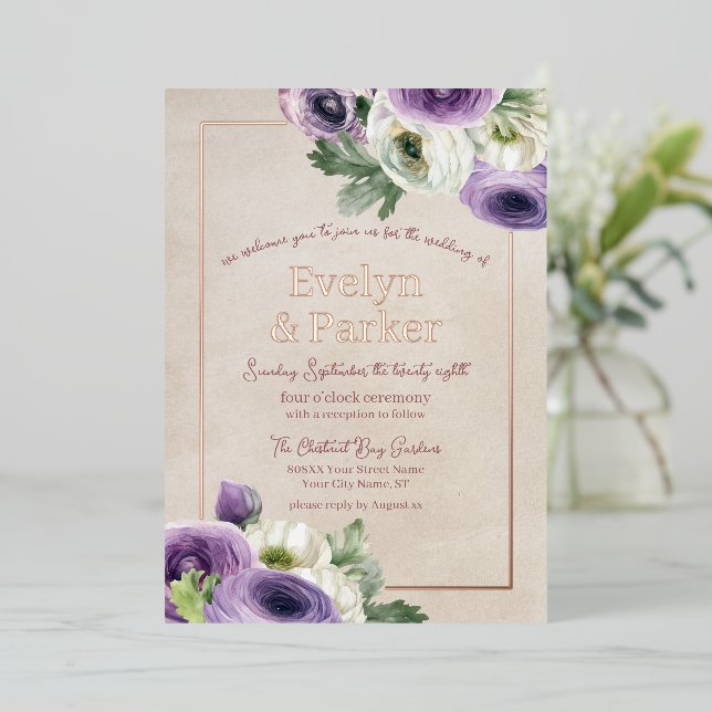 Purple and White Ranunculus with Rose Gold Wedding Foil Invitation (Standing Front)