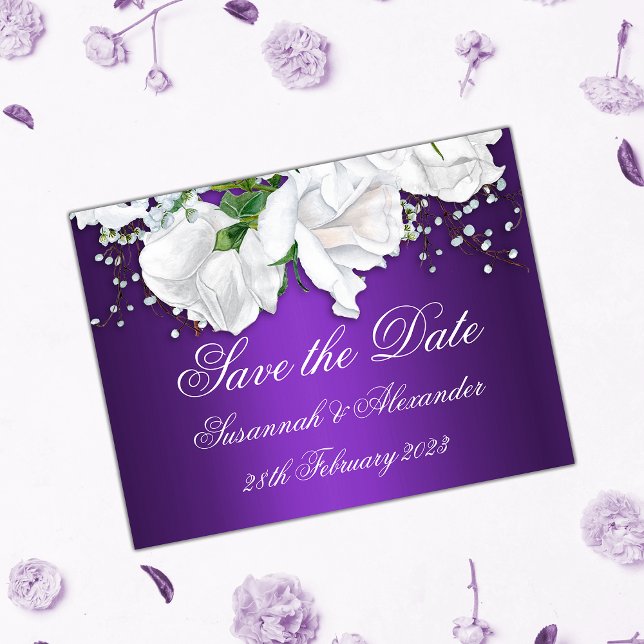 Purple and White Roses Save the Date Announcement Postcard (Creator Uploaded)