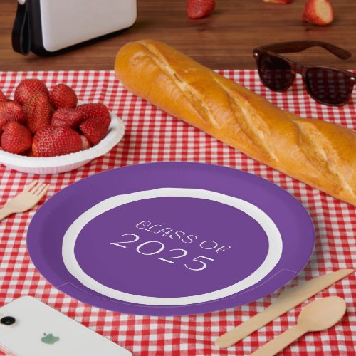Purple and White School Colors and Class Year Paper Plates