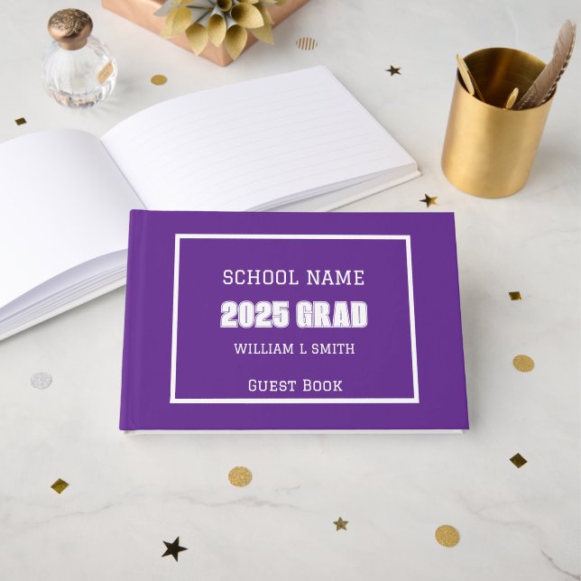 Purple and White School Colors Graduation Guest Book (Front Open)