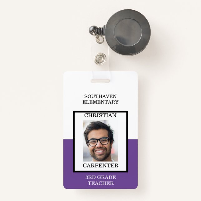 Purple and White School Photo Teacher Badge (Front with Retractable)