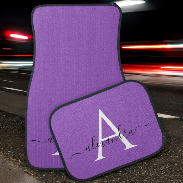 Purple and White Script Monogrammed Name Car Mat (Creator Uploaded)