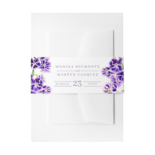Purple and white sky flower art wedding invitation belly band