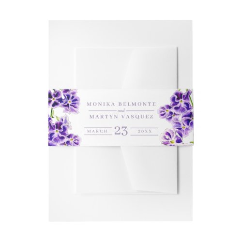 Purple and white sky flower art wedding invitation belly band