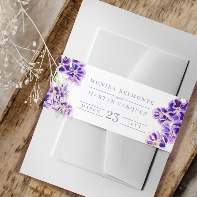 Purple and white sky flower art wedding invitation belly band (Creator Uploaded)