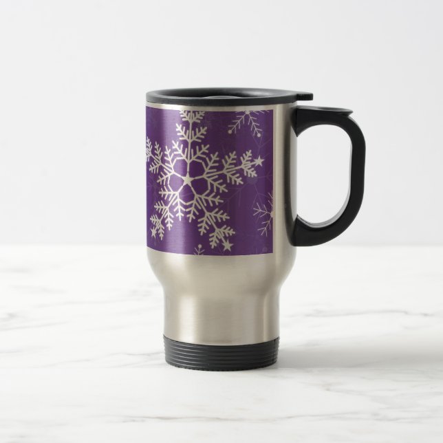 Purple and White Snowflake Pattern Travel Mug (Right)