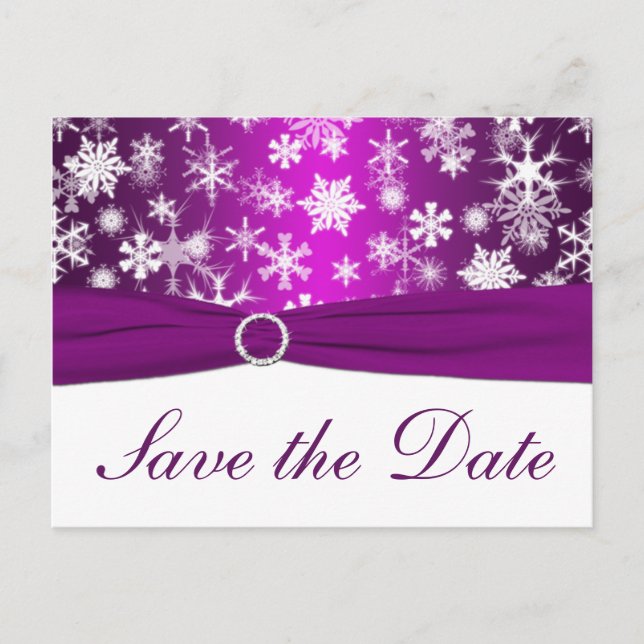 Purple and White Snowflakes Save the Date Postcard (Front)