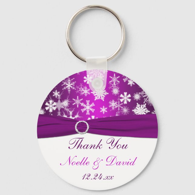 Purple and White Snowflakes Wedding Favor Keychain (Front)