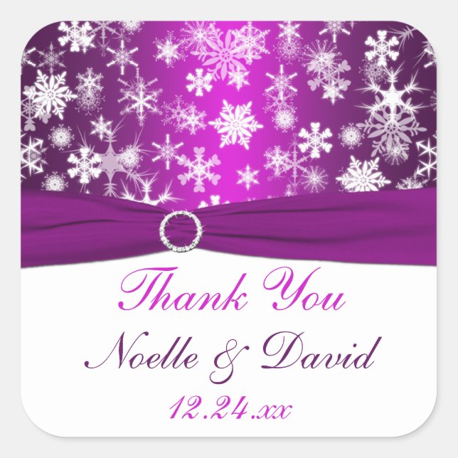 Purple and White Snowflakes Wedding Favor Sticker (Front)