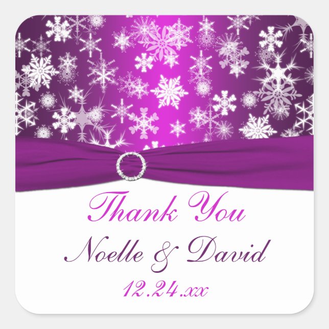 Purple and White Snowflakes Wedding Favor Sticker (Front)