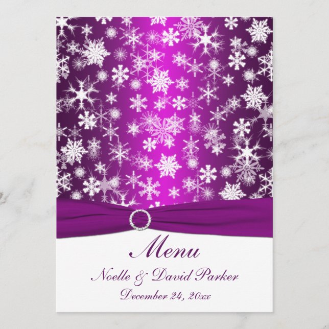 Purple and White Snowflakes Wedding Menu (Front)