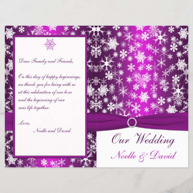 Purple and White Snowflakes Wedding Program (Front)