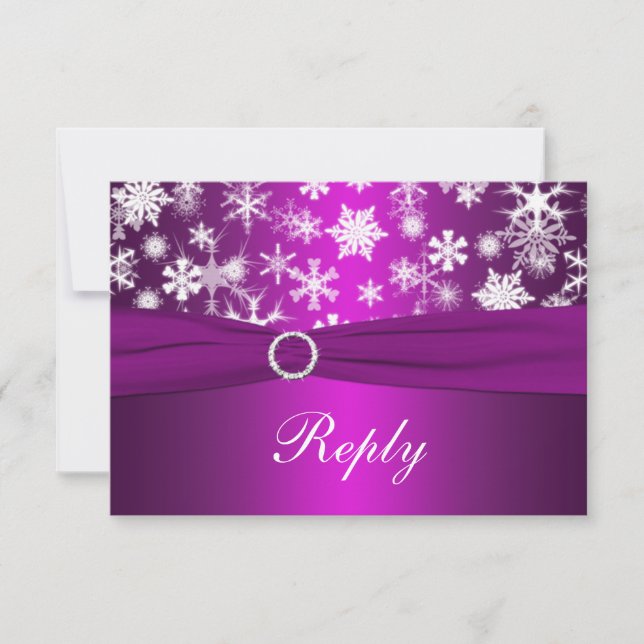 Purple and White Snowflakes Wedding Reply Card (Front)