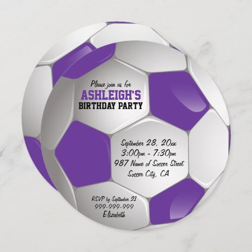 Purple and White Soccer Ball Birthday Party Invitation