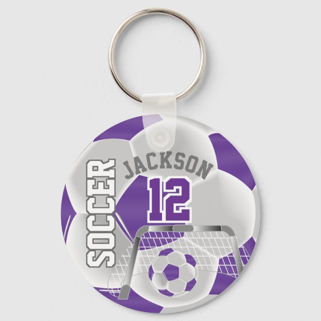 Purple and White Soccer ⚽ Ball  Sport Keychain (Front)