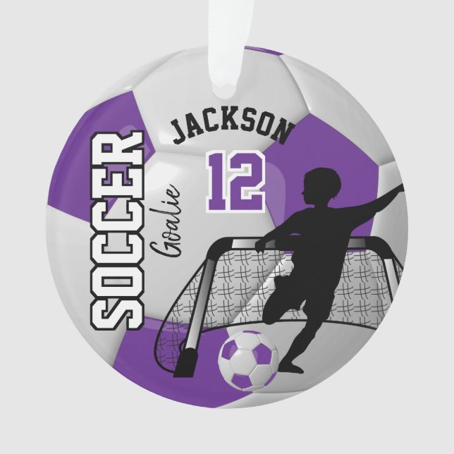 Purple and White Soccer Goalie Boy Ornament (Front)