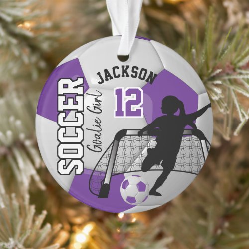 Purple and White Soccer Goalie Girl Ornament