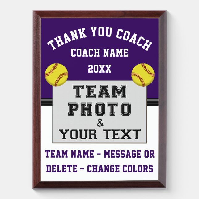 Purple and White, Softball Coach Gift, Softball Award Plaque (Vertical)