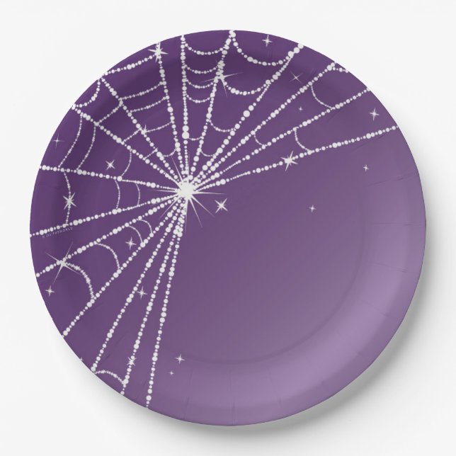 Purple and White Sparkling Diamond Spider Web Paper Plates (Front)